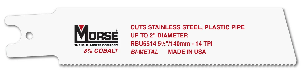 MK Morse RBU5514T05 - Recip Saw Blade (BiMetal) "U-Shank" 5-1/2" x 0.035" 14TPI 5/Pack 3 MK Morse RBU5514T05 - Recip Saw Blade (BiMetal) "U-Shank" 5-1/2" x 0.035" 14TPI 5/Pack